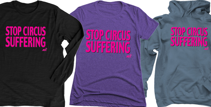 black long sleeve shirt purple tee blue grey hoodie that says "Stop Circus Suffering"